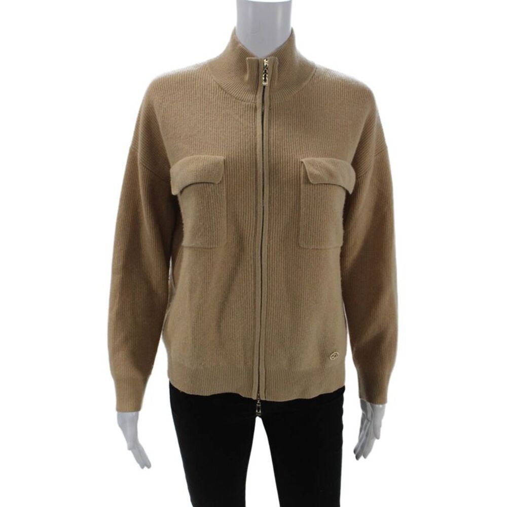 Designer Unisex Beige Wool Mock Neck Full Zip Sweater Size M